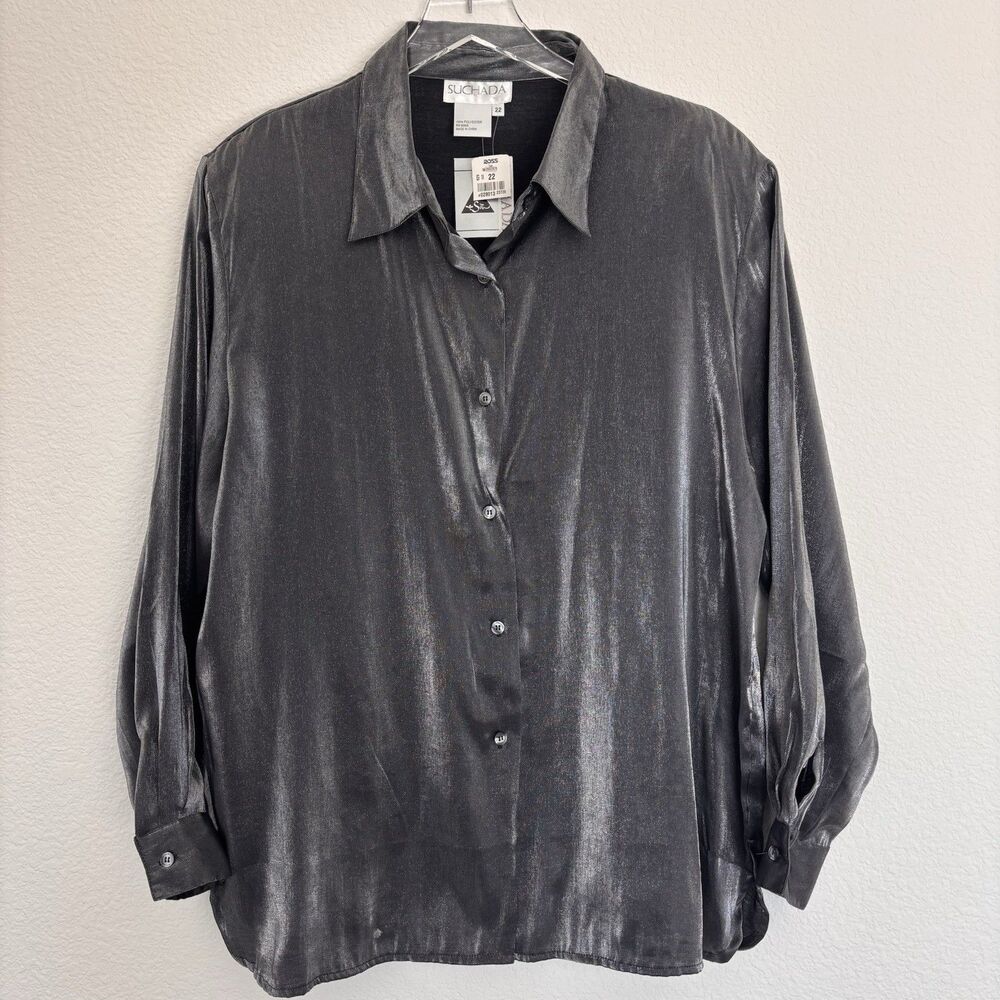 New Suchada Women’s Blouse 22 Silver Metallic Going Out Lightweight Button Up